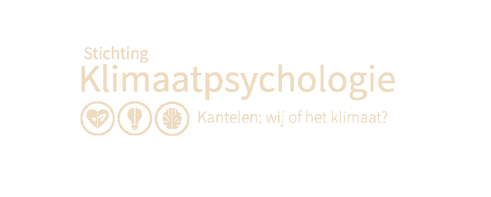 Logo for Stichting Klimaatpsychologie with pale gold text and three circular icons on a white background
