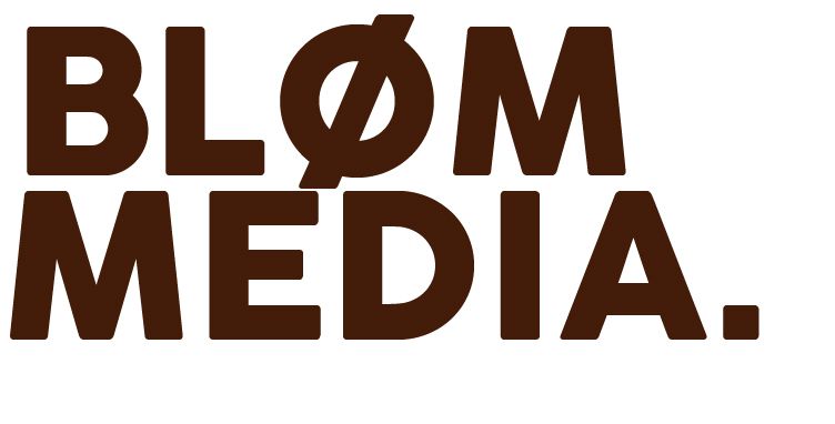 Brown “BLØM MEDIA” logo on white background