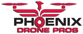 A red and black logo for phoenix drone pros