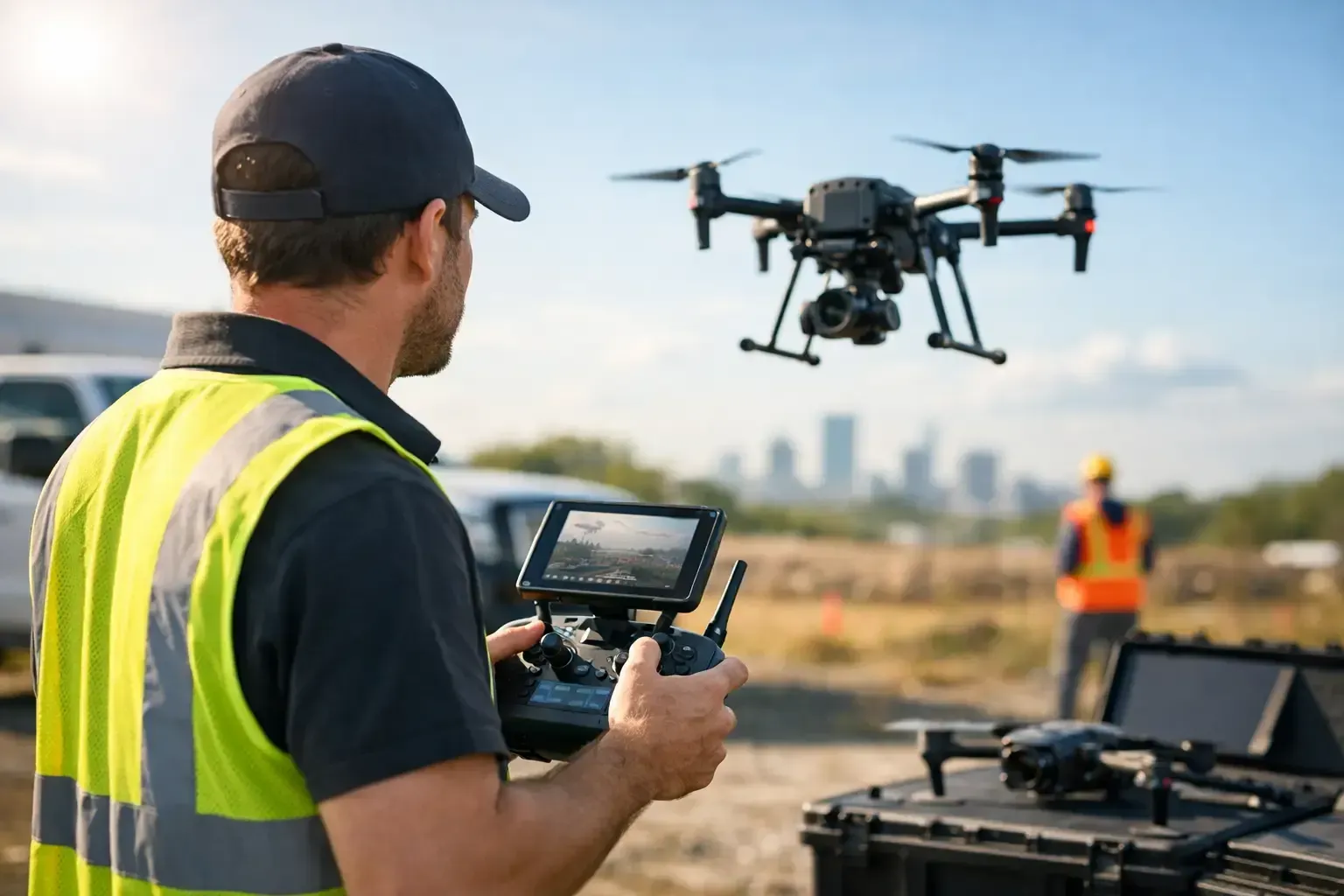 Drone operator controlling a quadcopter in a field with a remote display and equipment.