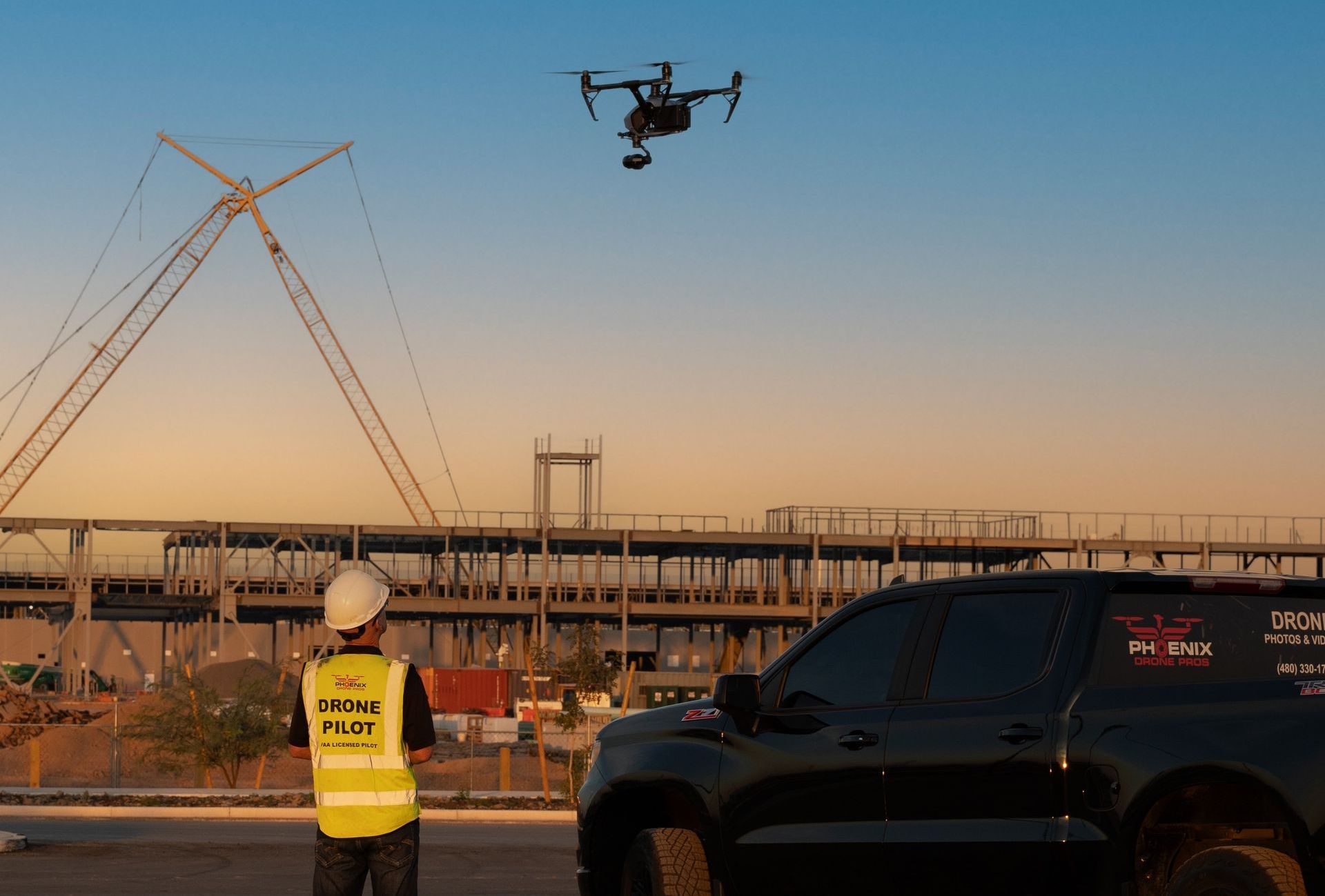 Photo by Phoenix Drone Pros, Robert Biggs, A man in a hard hat is standing next to a car while a drone flies overhead.