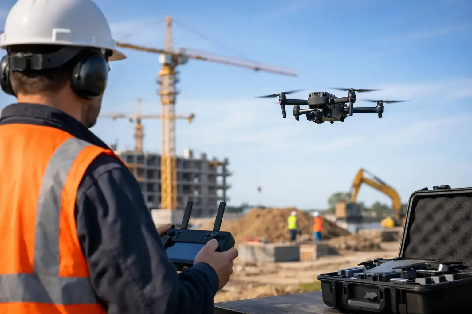 Construction worker in hard hat flying a drone at a building site with cranes and excavators.