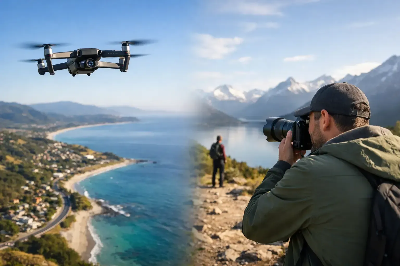 Drone and photographer overlooking a turquoise coastline with mountains in the background