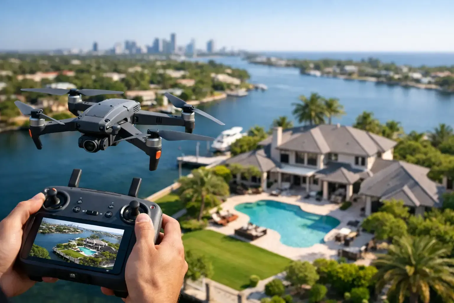 Drone flying over waterfront mansion with a pool, viewed through a remote controller screen
