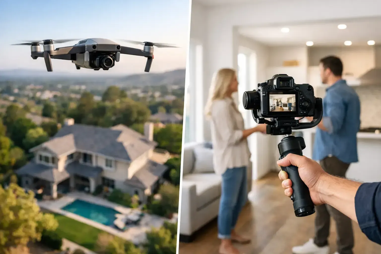 Drone flying over suburban homes beside a person filming a couple with a camera on a gimbal