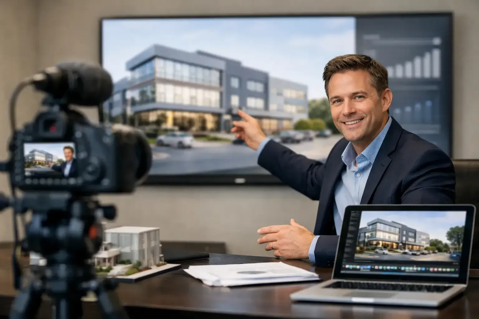 Real estate agent presenting a modern building render during a video call, with camera and laptop in view