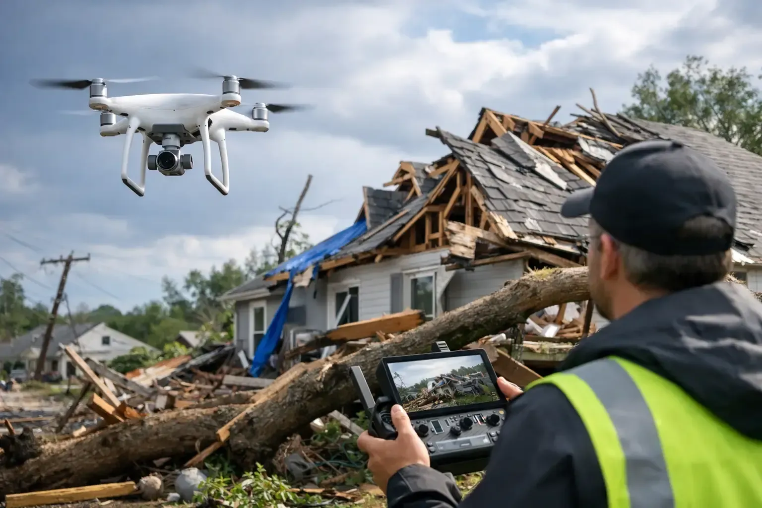 Drone surveying storm-damaged house while a worker in a safety vest checks a tablet amid debris