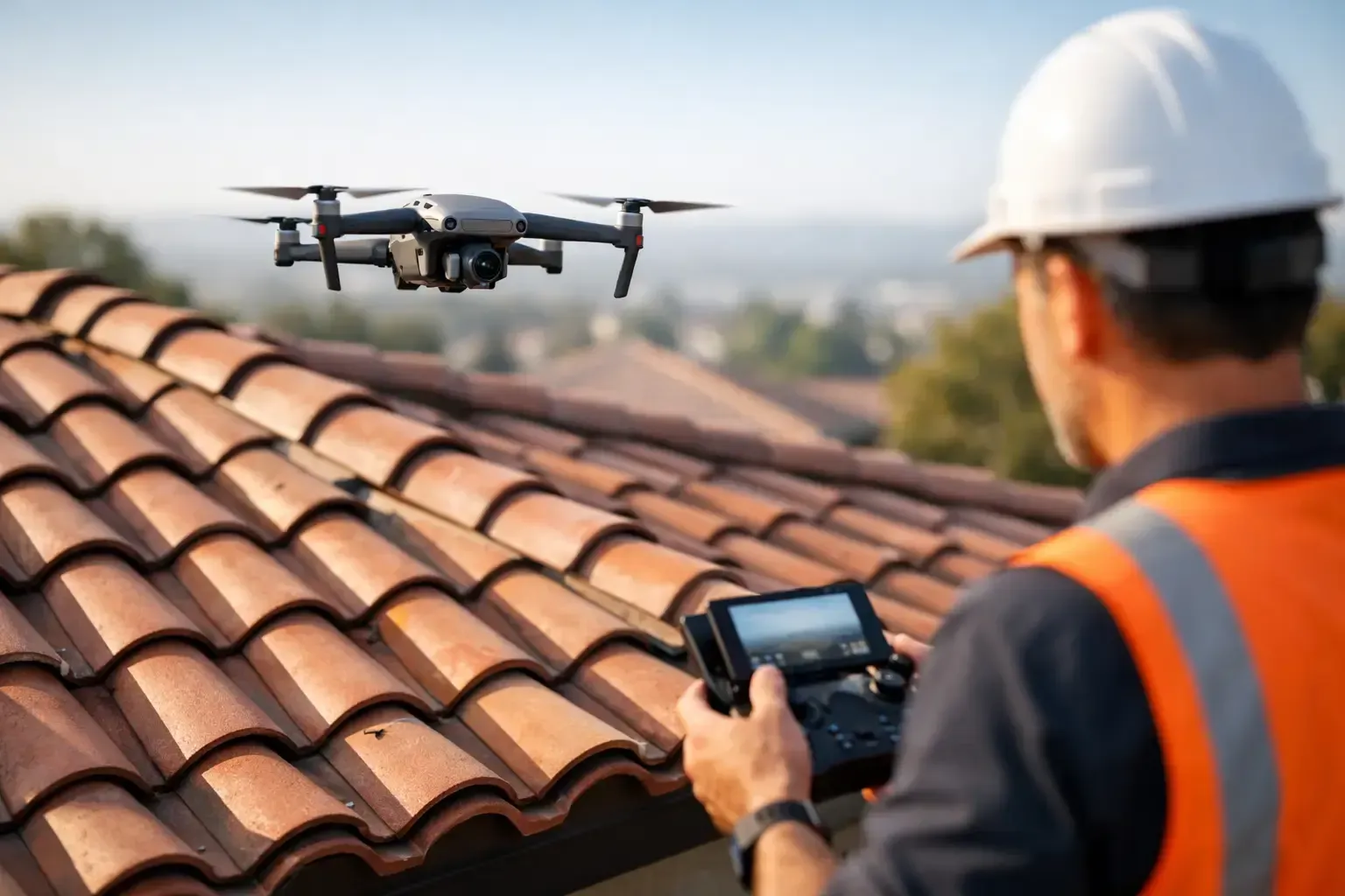 Drone inspecting a tiled roof as a worker in a hard hat controls it with a tablet