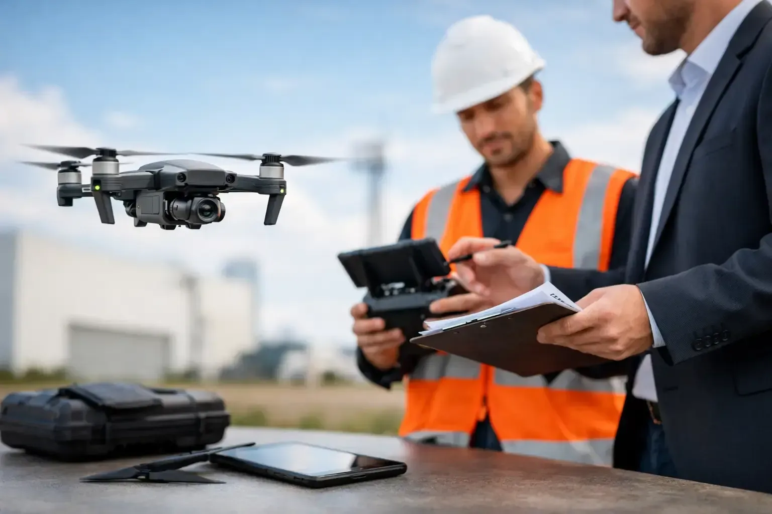 Drone inspection team reviewing data on a tablet beside a flying drone at a construction site
