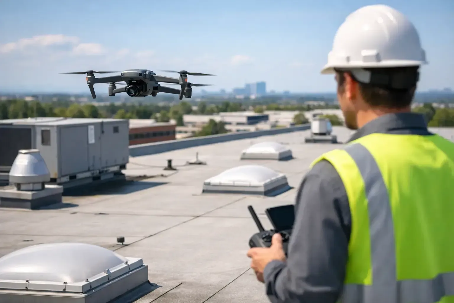 Worker in hard hat pilots drone over a rooftop with HVAC units and city skyline in the background