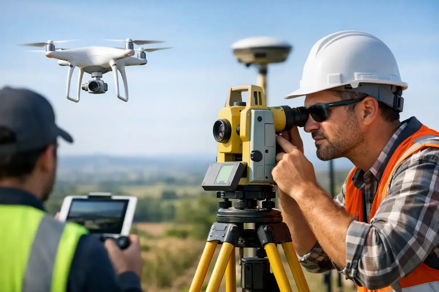 Surveyors using a drone and total station at a construction site outdoors Surveyors using a drone and total station at a construction site outdoors