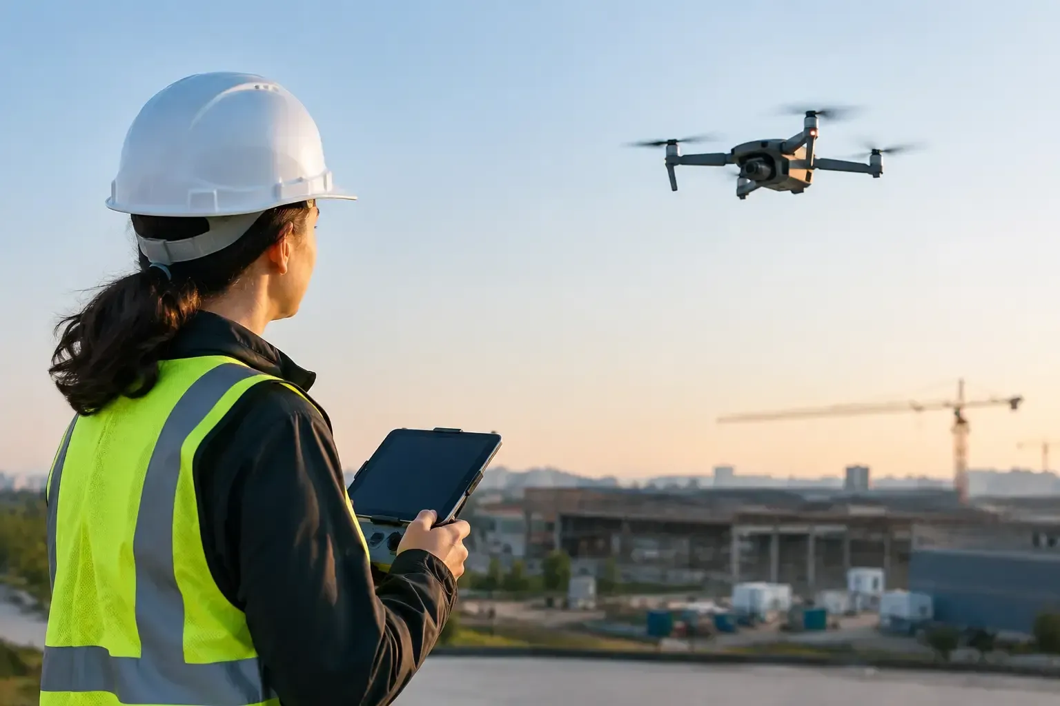Construction worker in hard hat and hi-vis vest using a tablet to monitor a drone over a job site at sunset