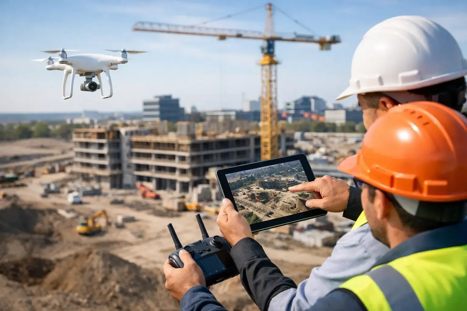 Construction workers using a tablet and drone at a building site with crane and unfinished structures