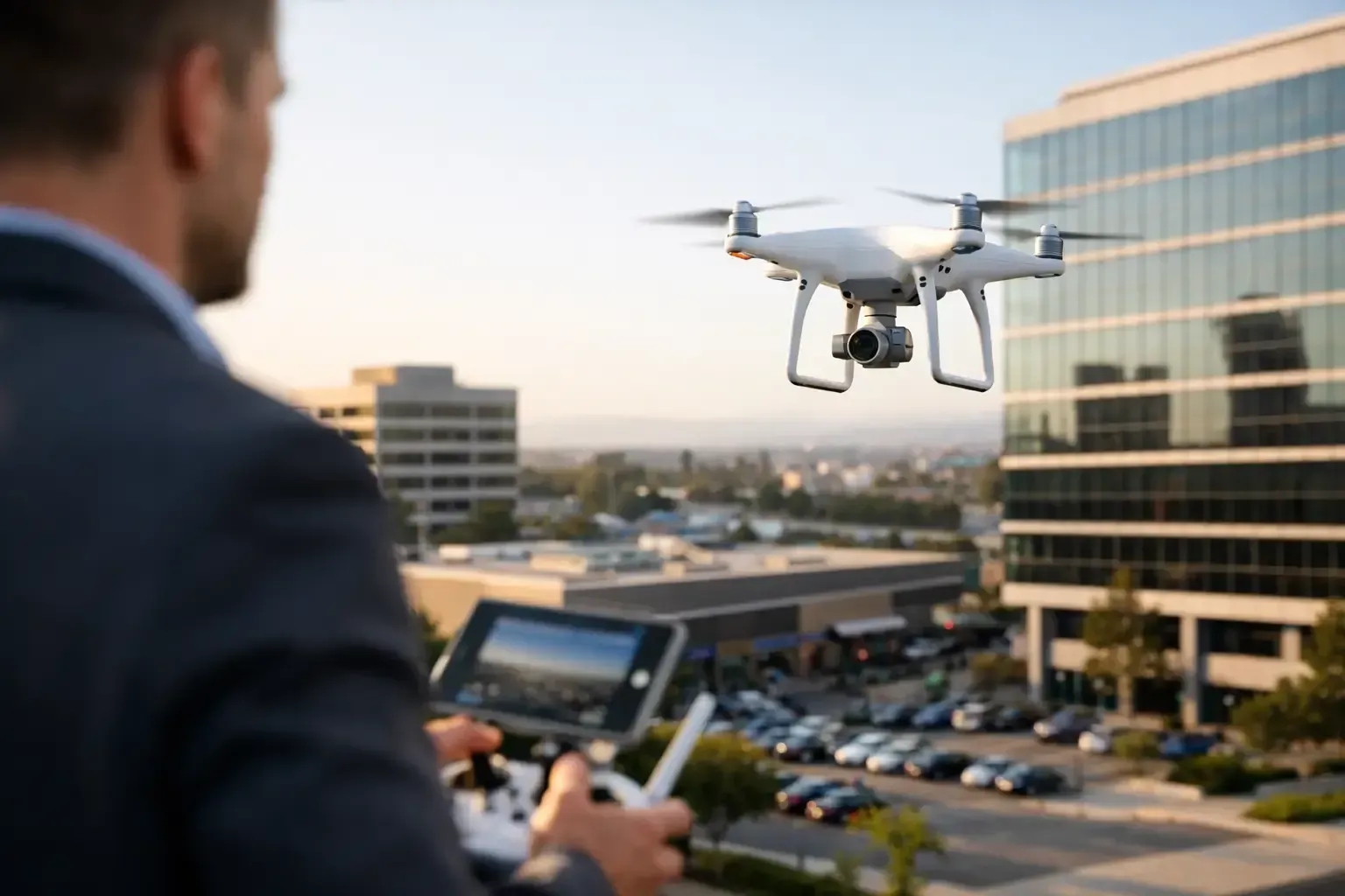 Drone flying near office building as a person remotely pilots it from a rooftop.