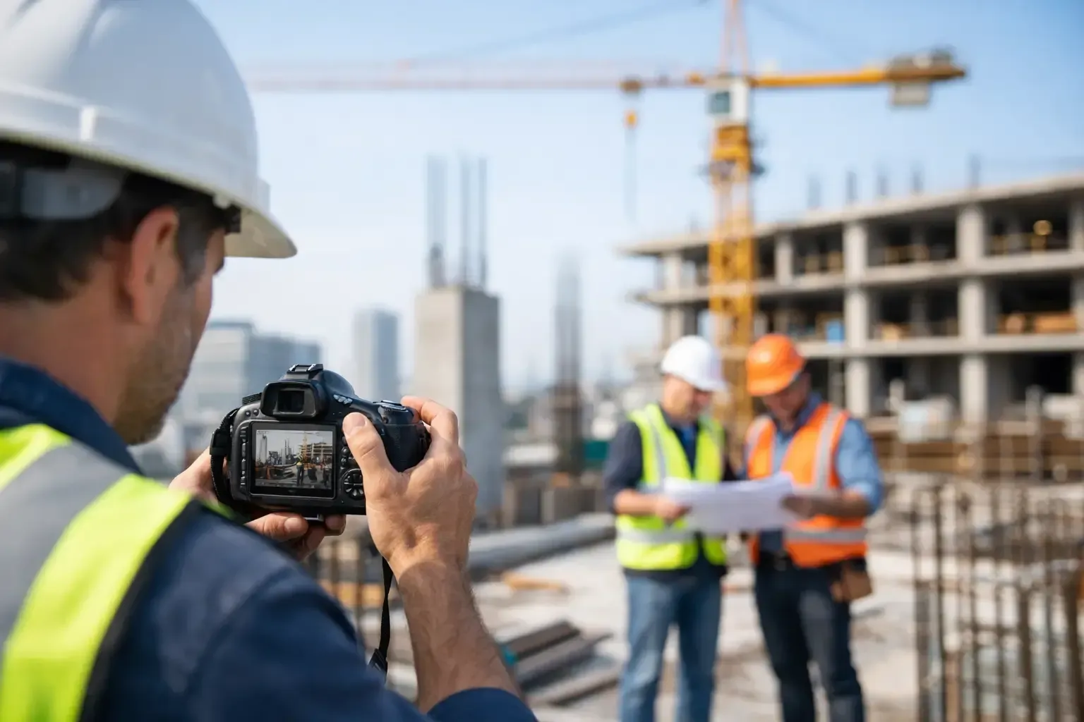 Construction worker photographing colleagues on a building site with crane and unfinished concrete structure