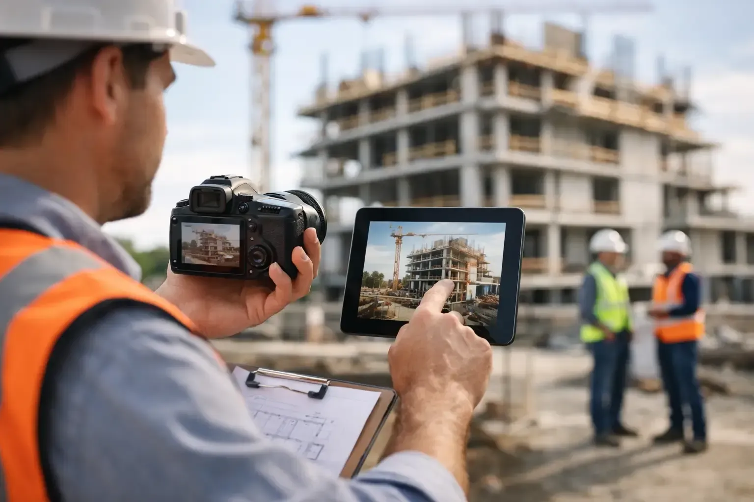 Construction worker filming a building site with a tablet, with another worker and scaffolding in the background