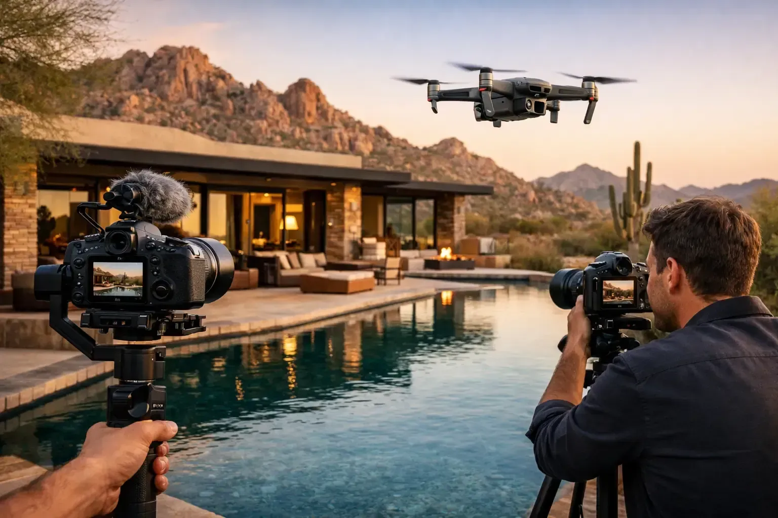 Two cameramen filming a drone over a modern desert villa with a pool at sunset