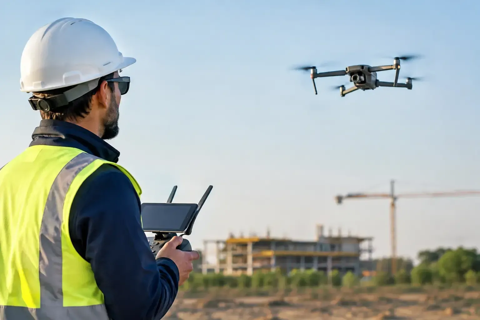 Construction worker with drone controller watching a drone near a building site at sunset