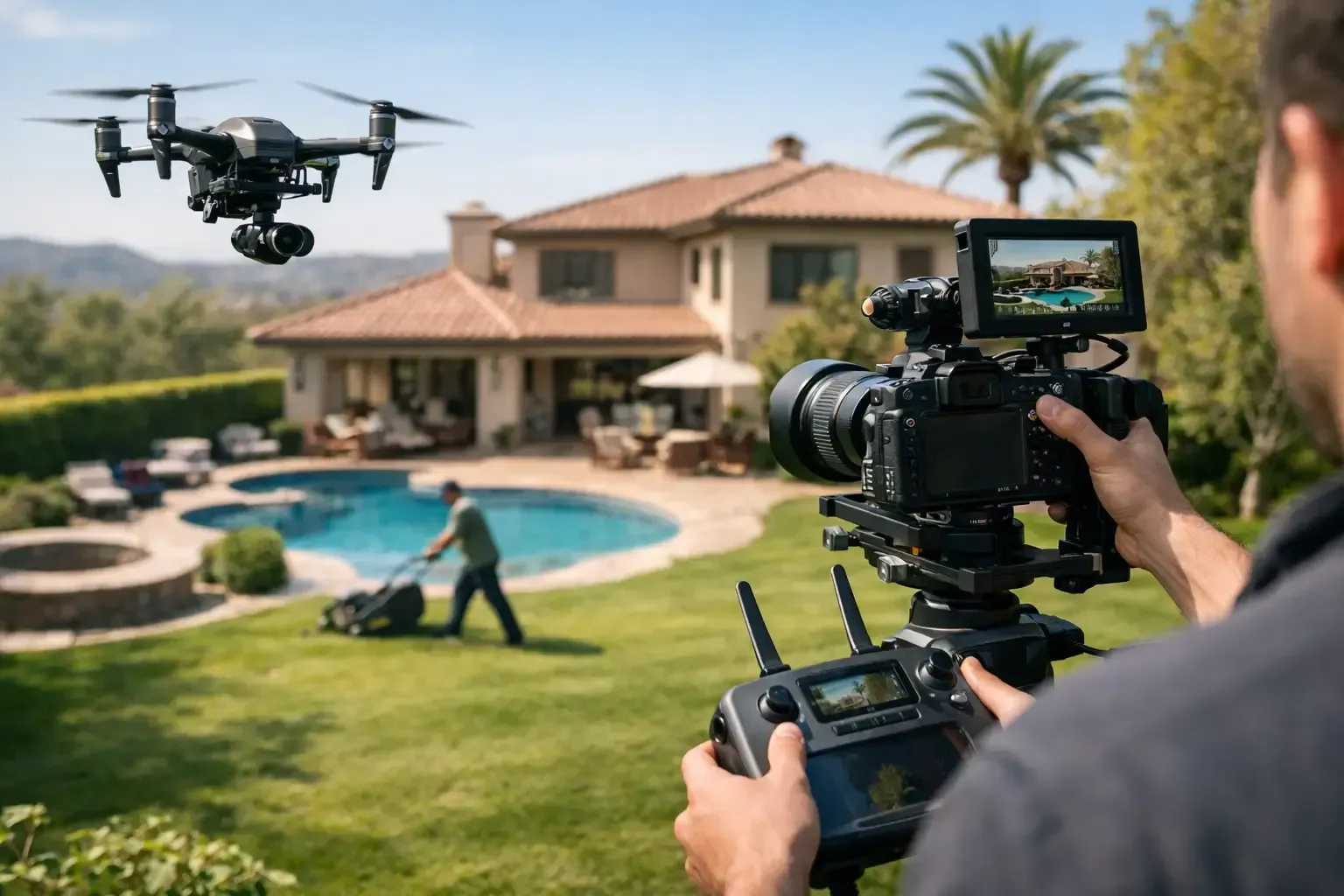 Videographer filming a drone over a backyard pool with a house in the background
