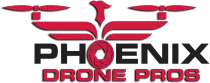 A red and black logo for phoenix drone pros.
