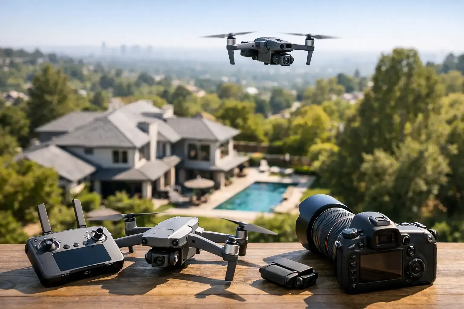 Drone flying over a suburban house with camera gear and remote controls on a table in the foreground