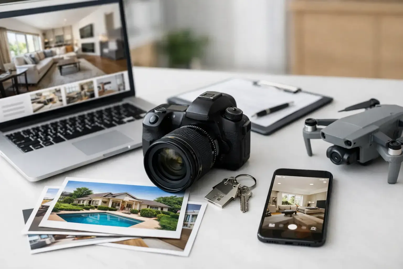Camera, smartphone, drone, laptop, and printed photos on a white desk