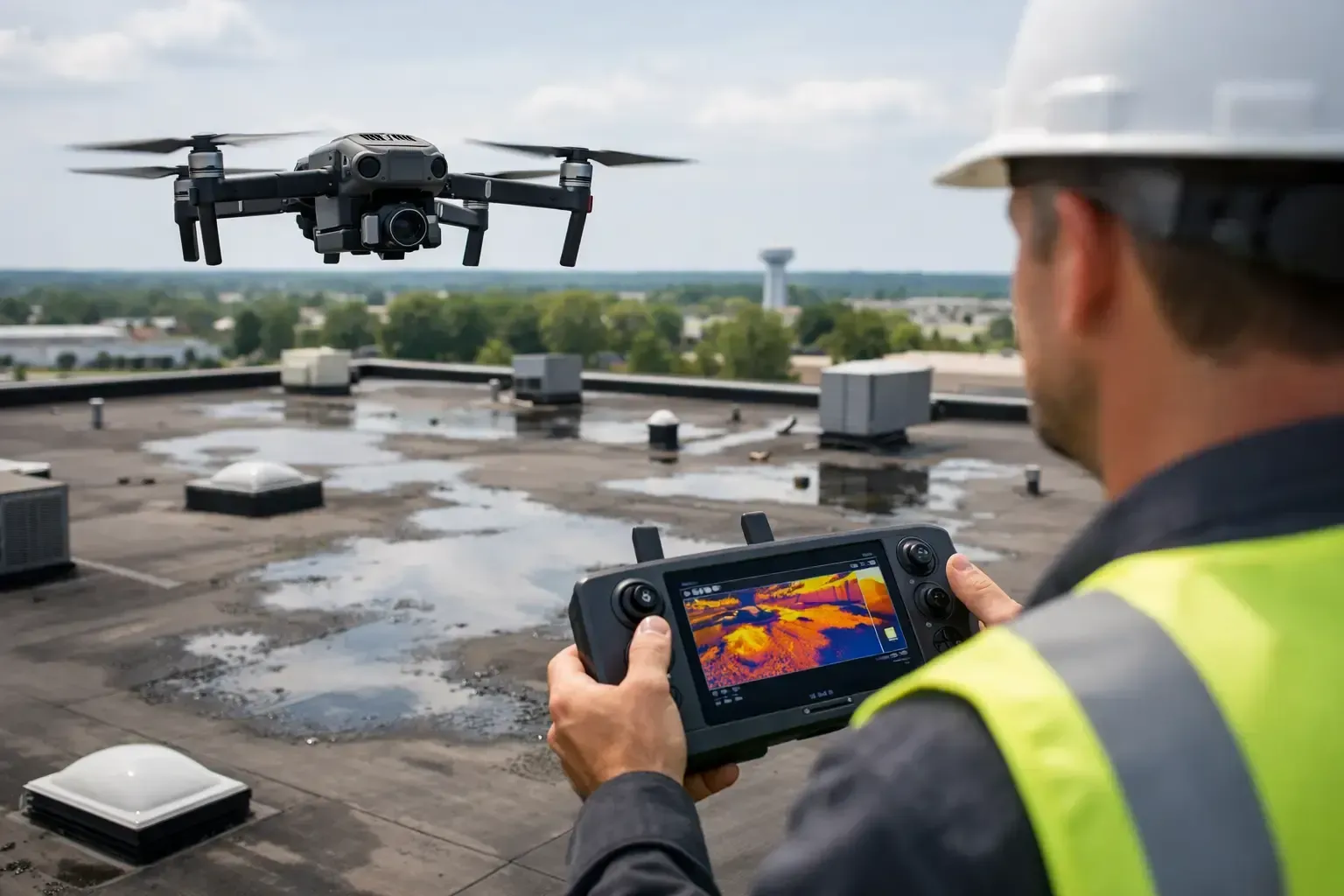 Drone scanning a wet rooftop while a worker monitors a thermal view on a tablet
