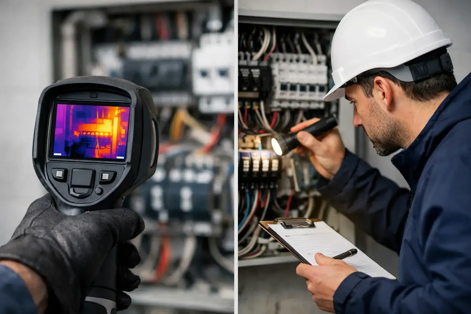 Thermal camera and technician inspecting electrical panel in a utility room