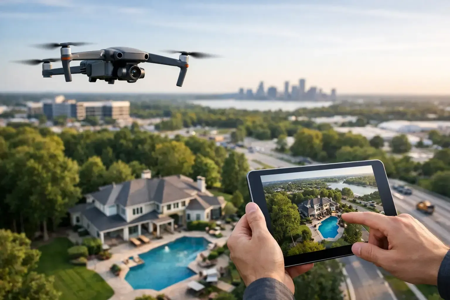 Drone filming a suburban home with a tablet, city skyline in the background