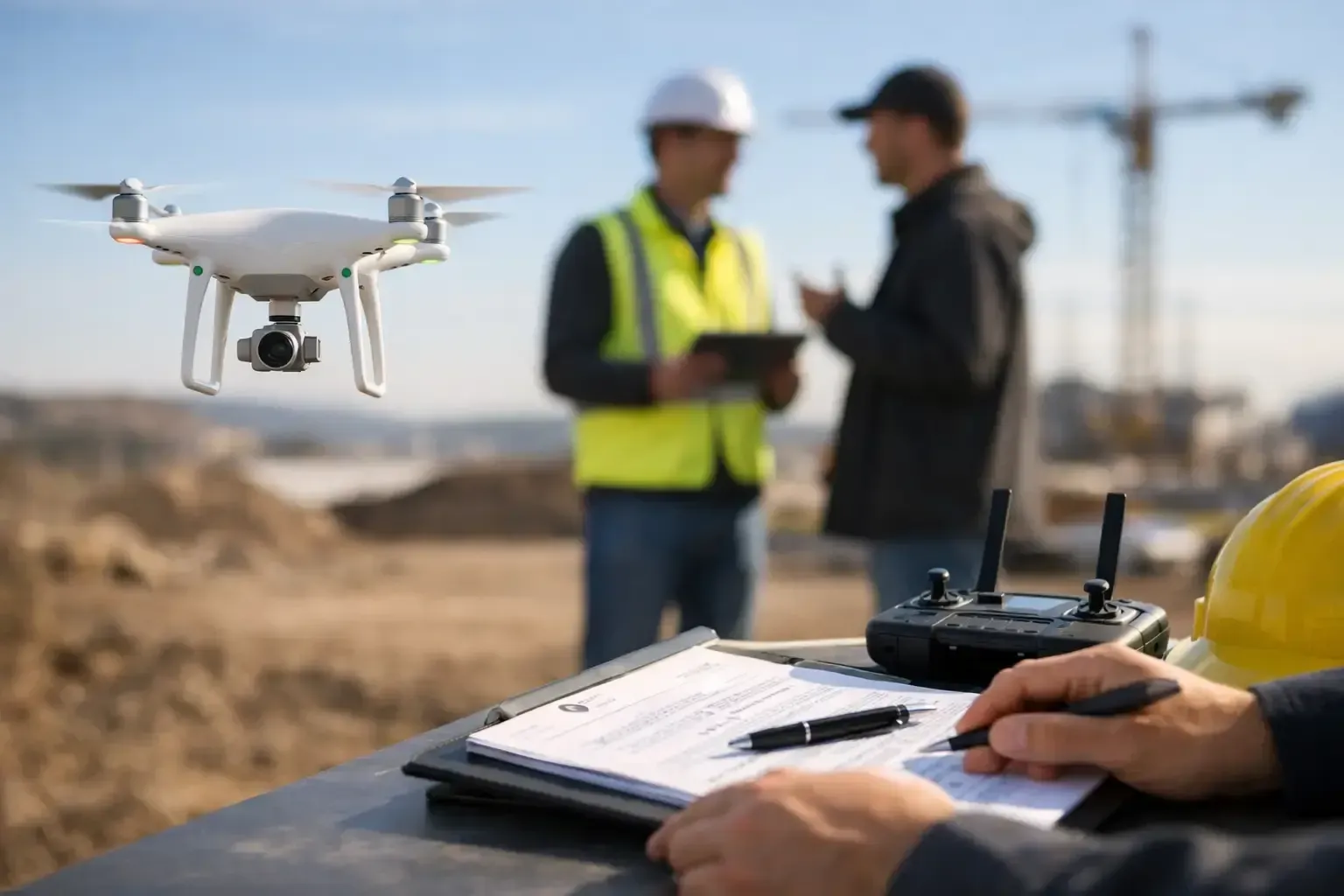 Drone hovering over construction site with workers, clipboard, and hard hat in the foreground