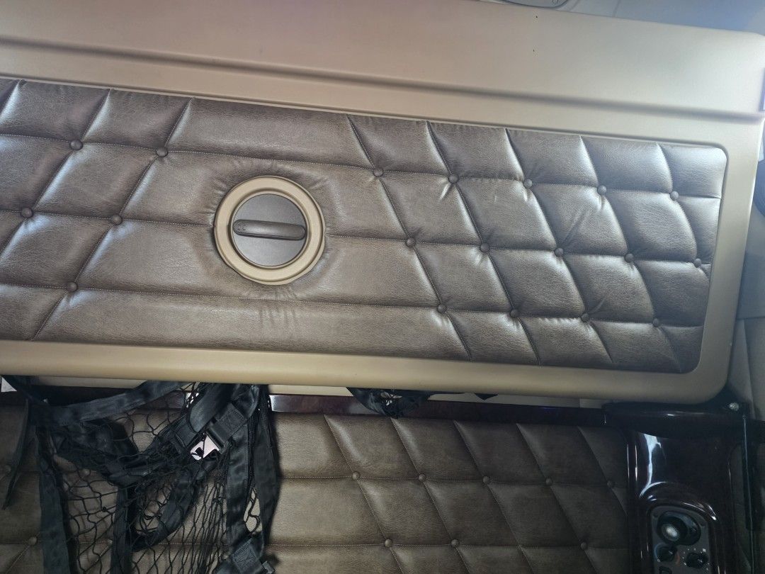 Quilted leather upper bunk panel and restraint net in a semi truck sleeper cab in Largo, FL, before cleaning