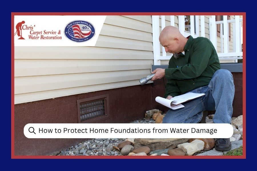Man inspecting a house foundation with a flashlight, about to seal cracks; text reads “How to Protect Home Foundations from Water Damage”