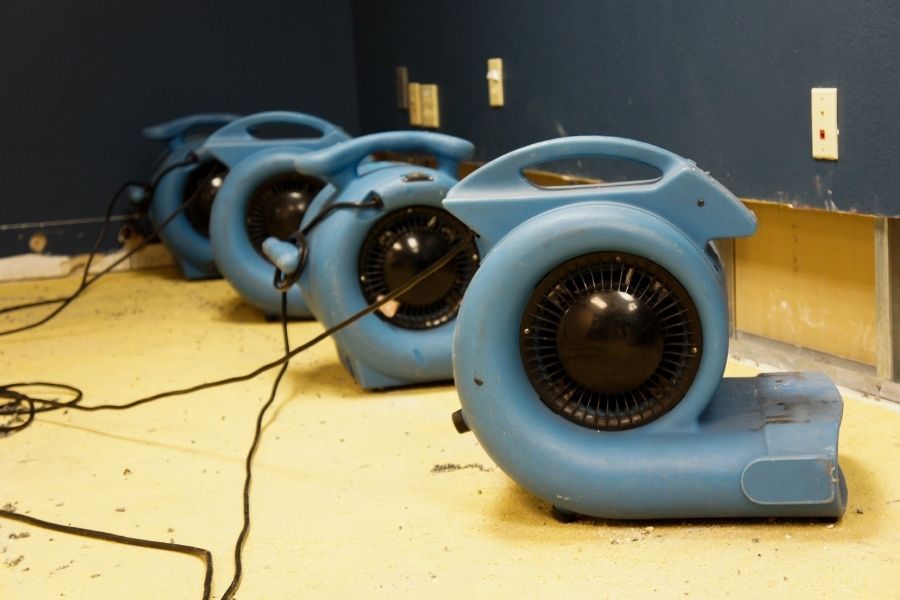 Air movers and a commercial dehumidifier drying wet drywall and carpet in a Tampa Bay living room