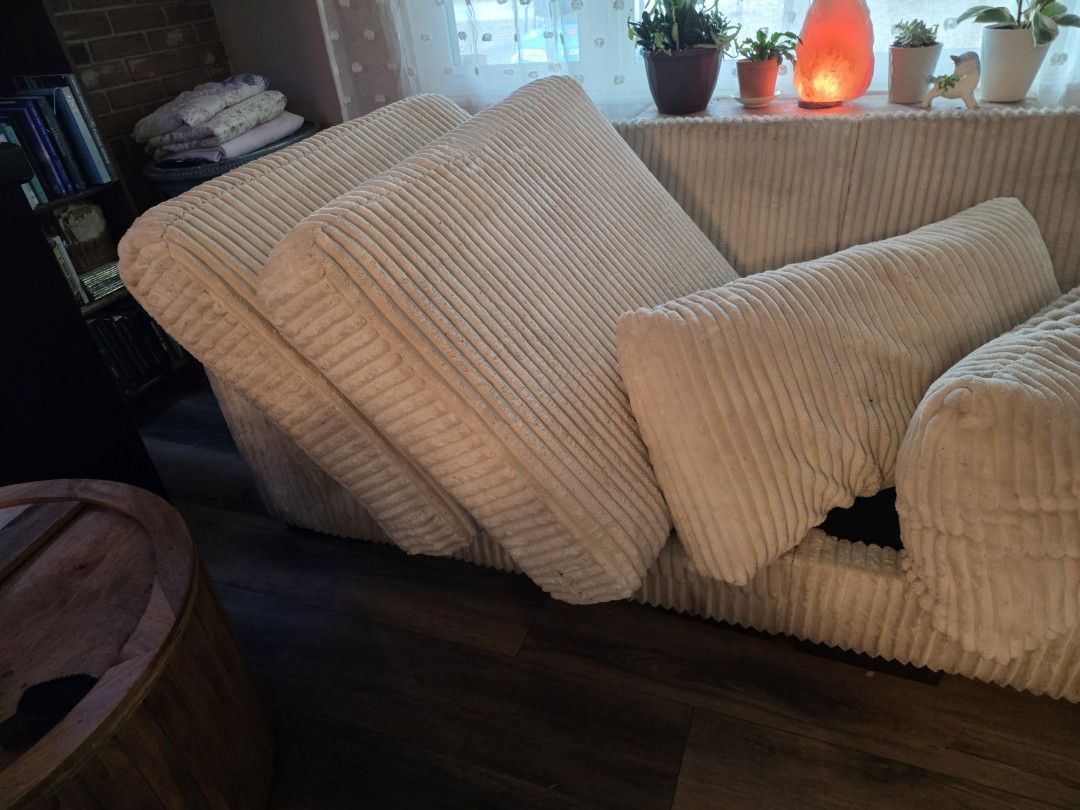 Freshly cleaned white sofa cushions air drying on edge in a St. Petersburg home