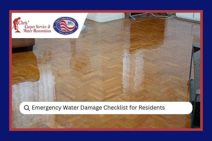 Flooded room with polished floor and banner reading “Emergency Water Damage Checklist for Residents”