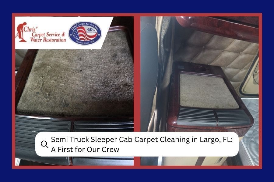Semi-truck sleeper cab carpet cleaning in Largo, FL, showing dirty then cleaned carpet seats