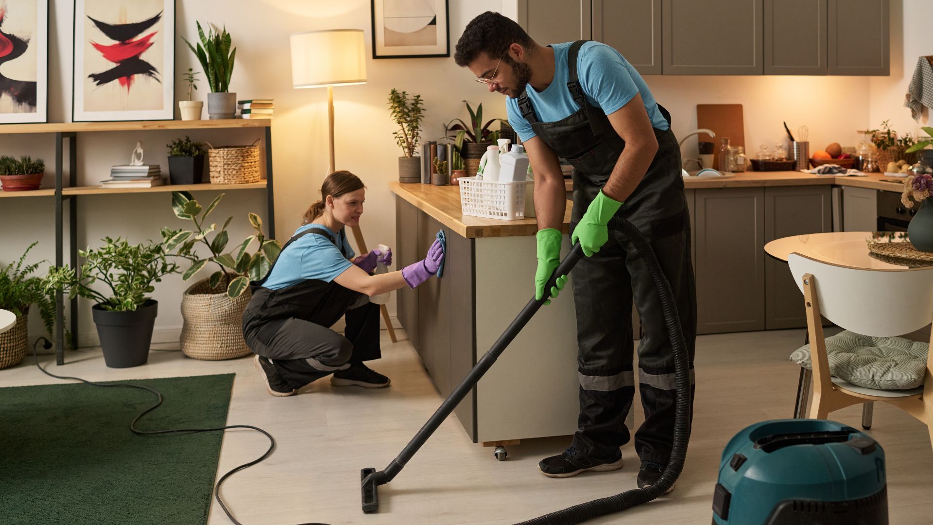 Two cleaners vacuuming and mopping a modern kitchen-dining room.