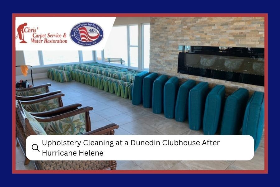 Upholstery cleaning in a Dunedin clubhouse after Hurricane Helene, with chairs lined up by windows and fireplace