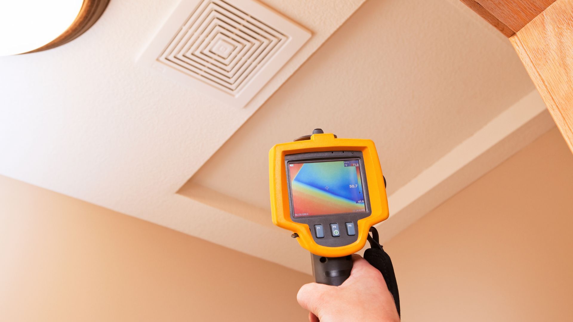 Handheld thermal camera scanning a ceiling vent in a beige room