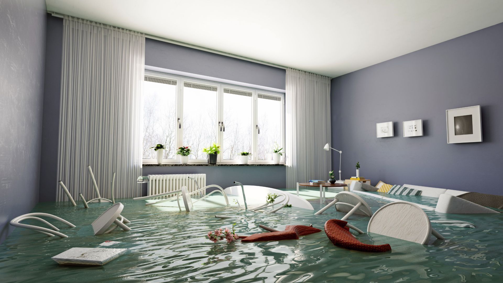 Flooded bedroom with overturned furniture and broken items, water covering the floor to the window
