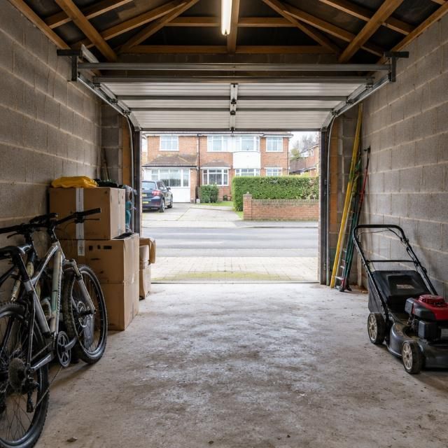 Before: Inside a garage before conversion and after it became a carpeted, plastered room