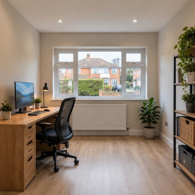 After: Garage with new stud walls, then the same space finished as an office