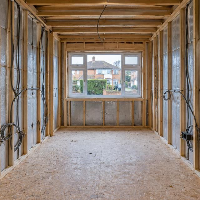 Before: Garage with new stud walls, then the same space finished as an office