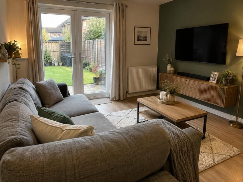 Converted garage used as a lounge with a sofa and French doors onto the garden