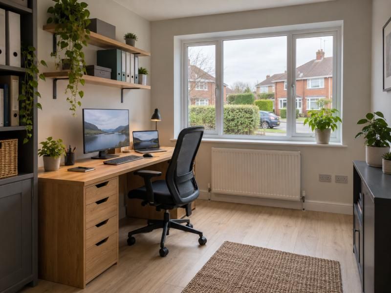 Converted garage set up as a home office with a desk, screen and shelves