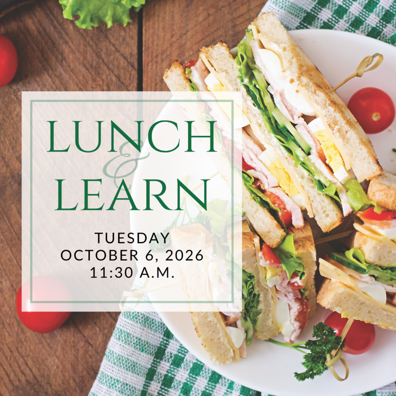 a plate of sandwiches on a table with the words lunch & learn on it