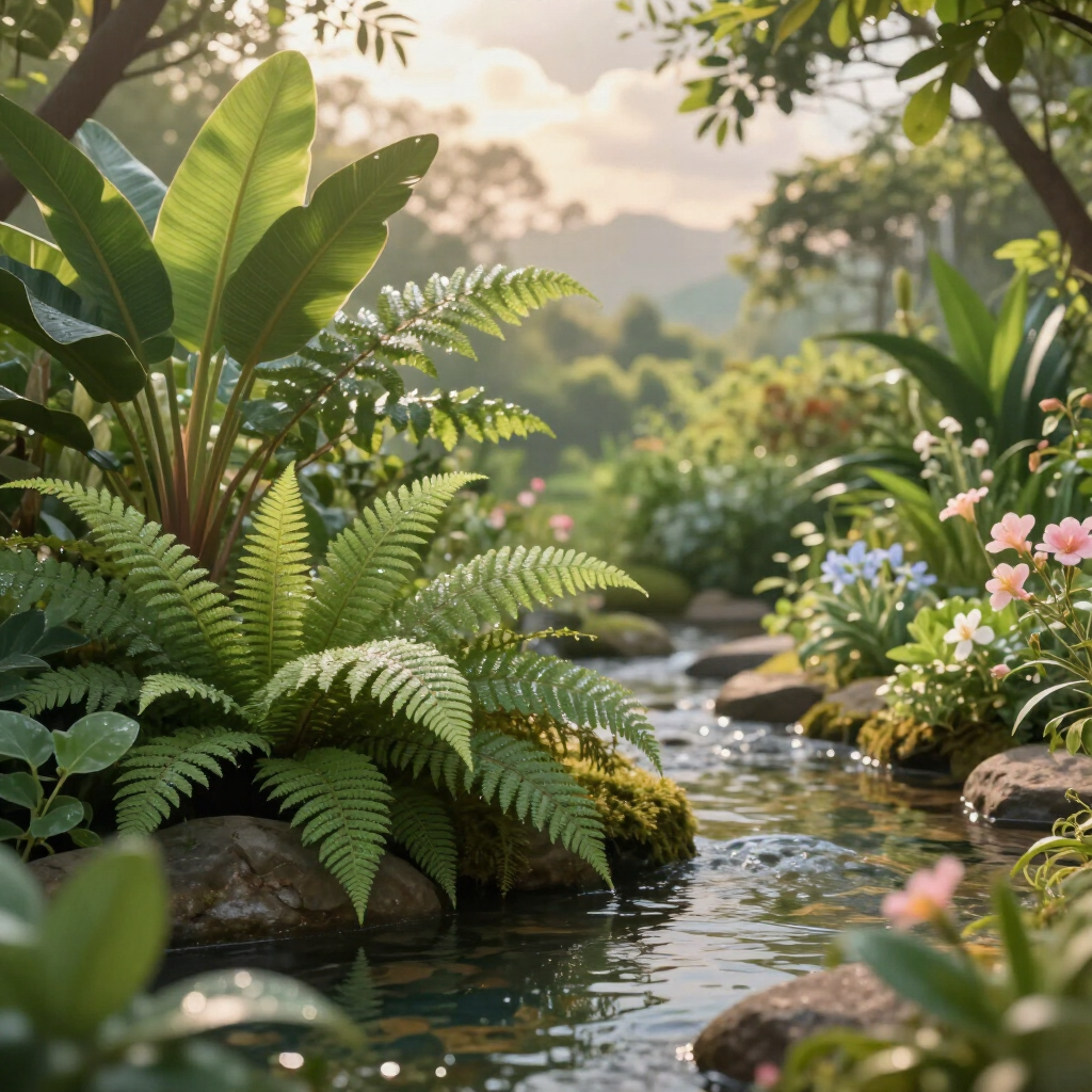 Arroyo tropical exuberante con helechos verdes, plantas con flores y luz solar suave.