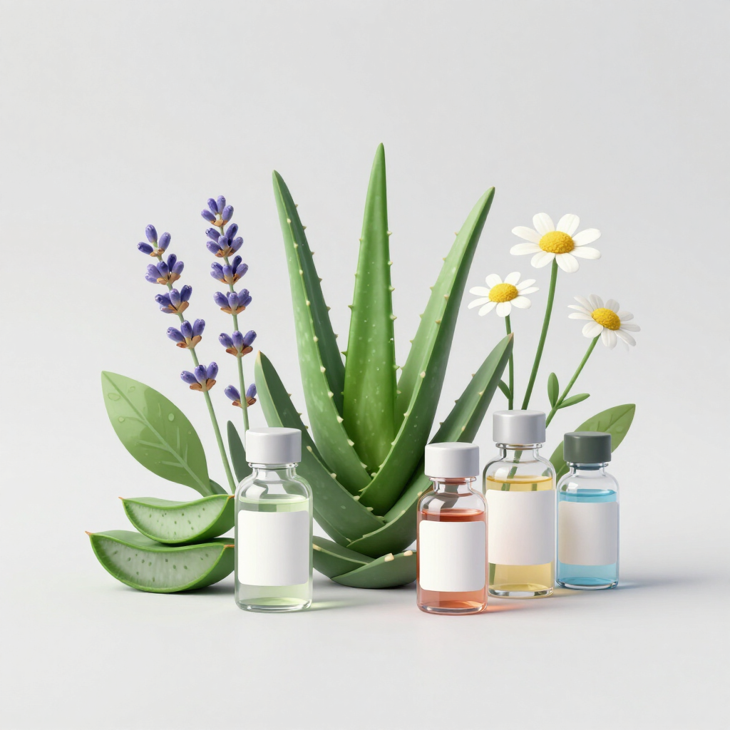 Aloe vera, lavanda y margaritas con cuatro pequeños frascos de aceites esenciales sobre un fondo blanco.