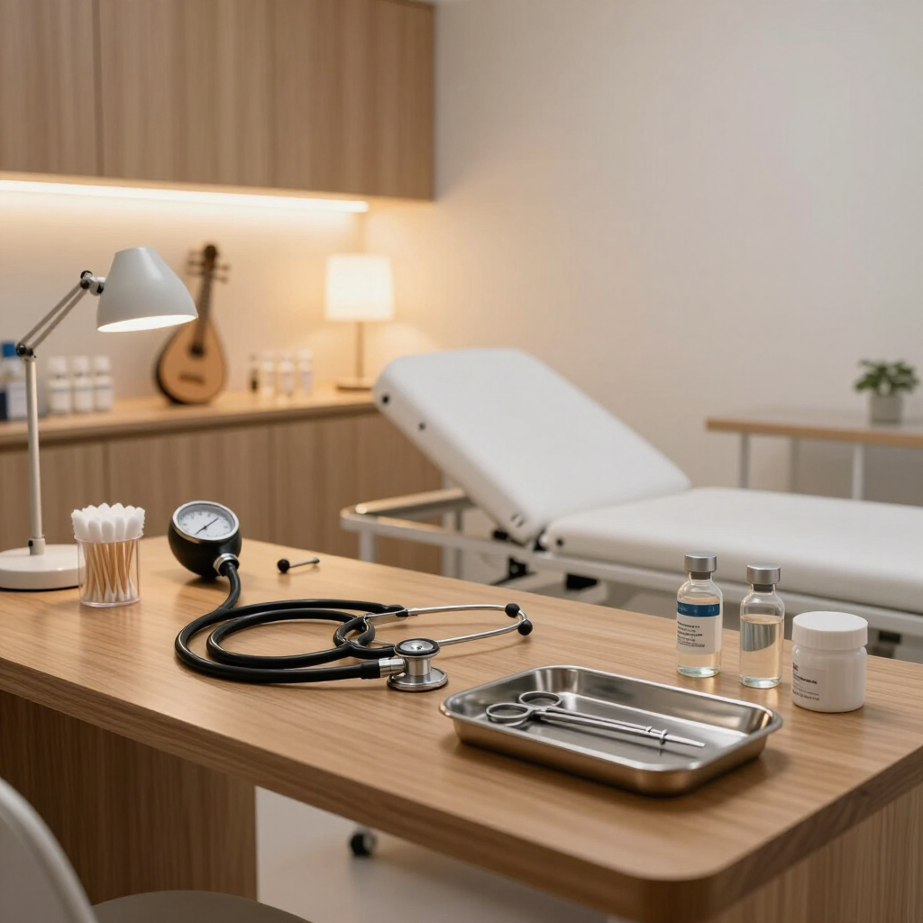 Consultorio médico con camilla, estetoscopio, tensiómetro y material médico sobre un escritorio.