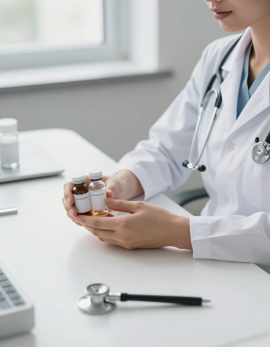 Un médico con bata blanca sostiene frascos de medicamentos en un escritorio con un estetoscopio cerca.